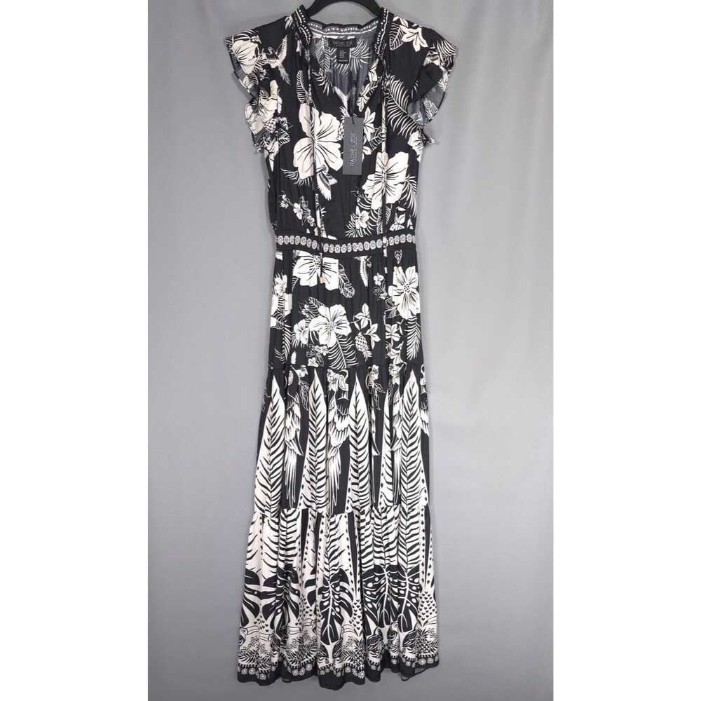 RACHEL ZOE Womens New Maxi Dress XS Black White Floral Flutter Sleeve